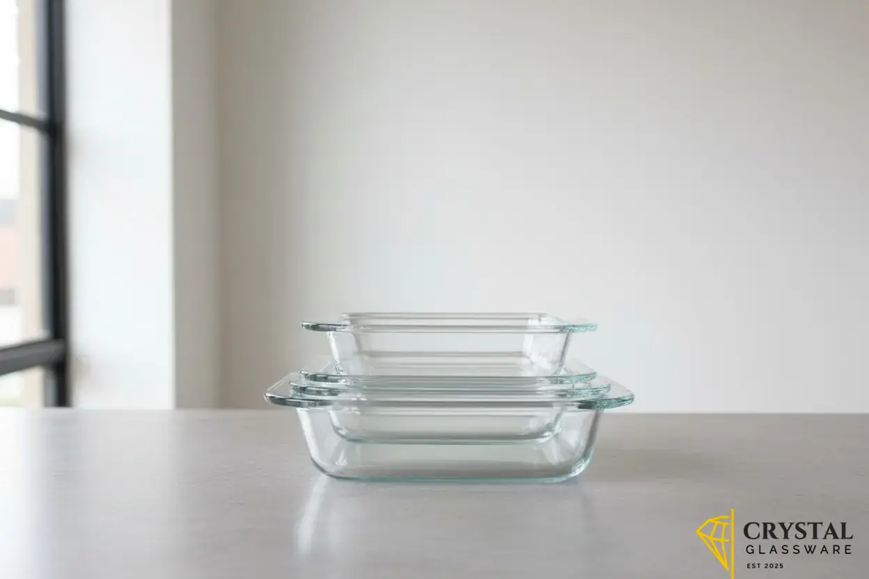 Deli Glassware 3 Pcs square Glass Dish Set featuring three nested clear glass baking and serving dishes with side handles.